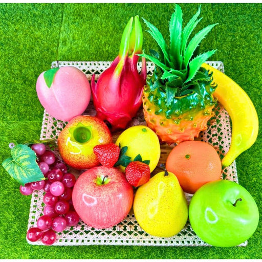 Large Artificial Fruit Assortment in a Basket: Includes Pineapple, Dragon Fruit, Peach, Grapes, Banana, Apples (Red and Green), Pear, Orange, and Strawberries