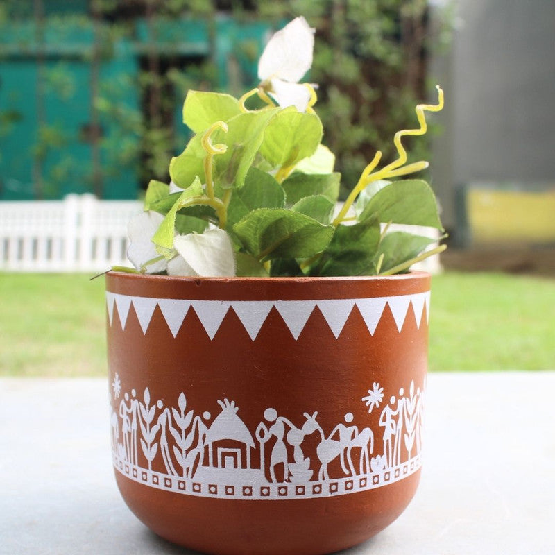 Wonderland Traditional Indian Terracotta Clay Planter/Pot with White Folk Art Design | Rustic Earthenware Indoor/Outdoor Gamla for Succulents & Herbs