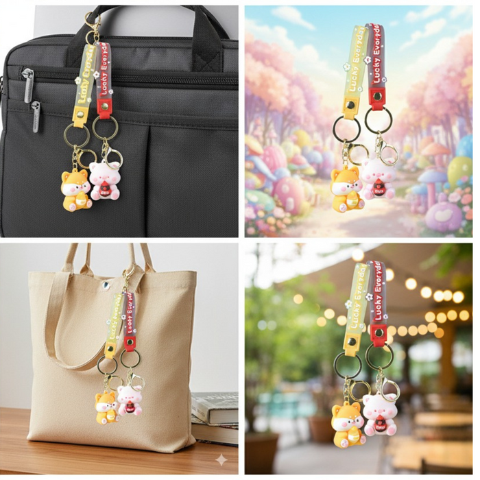 Wonderland Kawaii style ( set of 2) Animal Character Keychains – Cat & Pig Set Keyrings for Bags & Keys