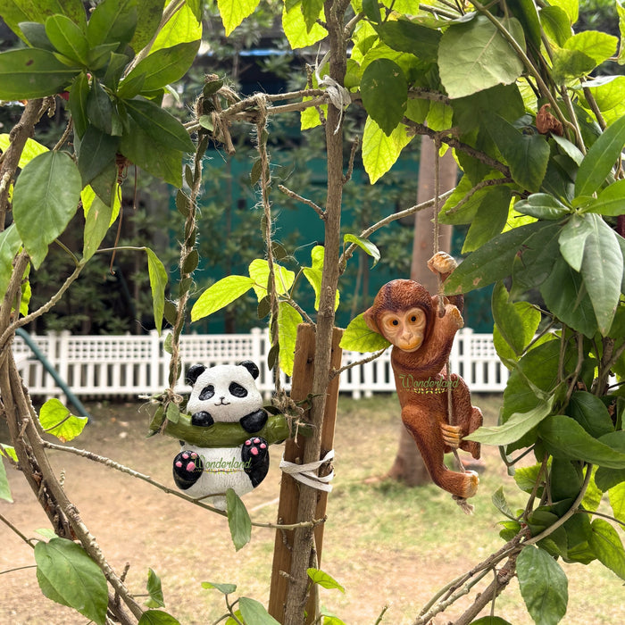 Hanging Garden Statue Set – Panda on Swing & Hanging Monkey Figurines – 2-Piece Whimsical Animal Decor with Leafy Vine Ropes for Outdoor Trees, Patio, or Nursery