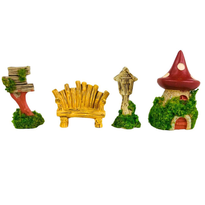 Wonderland set of 4 Miniature Fairy Garden Accessories Kit | Whimsical Wood-Look Resin Figurines (4 Pcs)