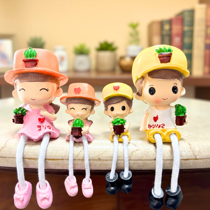 Wonderland Family of 4 Shelf Hanging Doll Figurines - Cute Resin Family Statue|Hand-Painted Home Decor for Living Room, Bookshelf, Mantel - Bench is not included