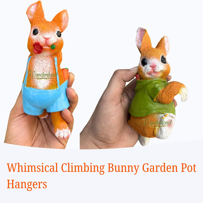 Wonderland Whimsical Climbing Bunny Garden Pot Hangers - Set of 2 Hand-Painted Resin Rabbit Ornaments for Planters and Flower Pots