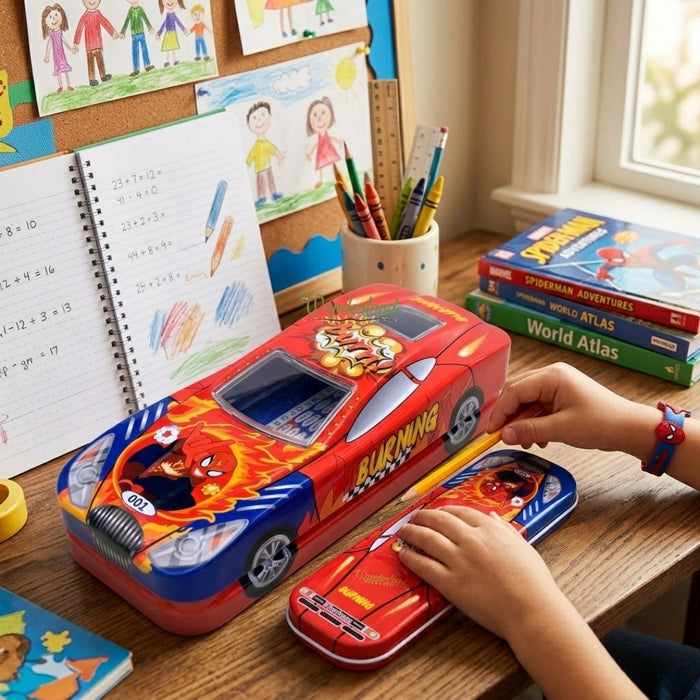 Wonderland Premium Car-Shaped Metal Pencil Box for Kids – Multi-Layer Stationery Organizer with Moving Wheels Orange Colour- 8x3.3x2inch