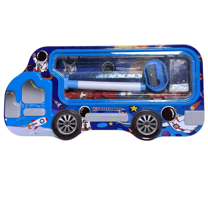 Kids’ Bus-Shaped Metal Pencil Box Stationery Set – Includes Pencil, Sharpener, Eraser, Ruler and 1 sketchpen 8x4x1.5inch