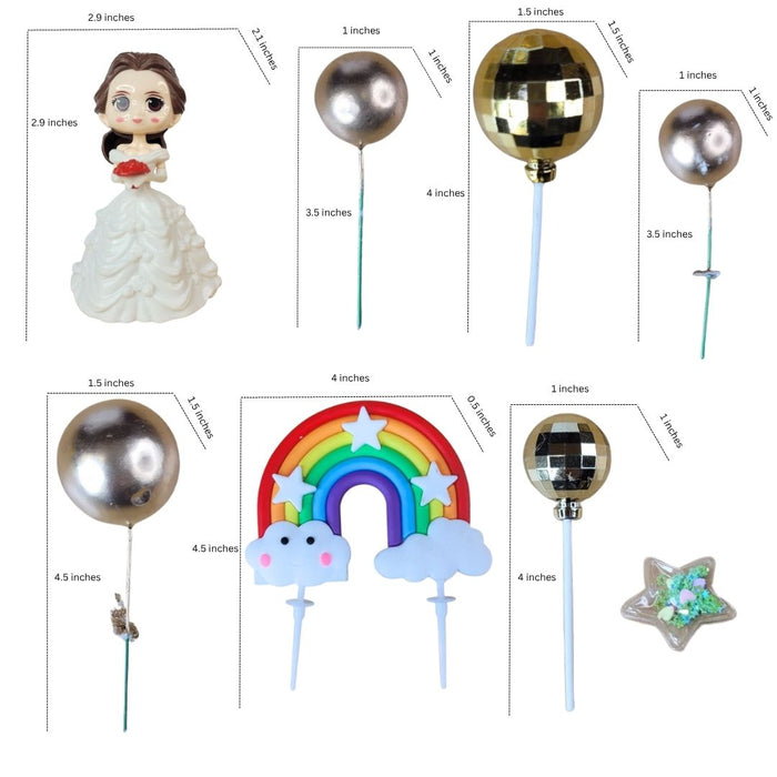 Wonderland Little Princess Doll Cake Topper Set with Gold Balloons, Rainbow & 'PARTY' Banner - Perfect for Girls Birthday, Baby Shower, Wedding & Theme Party Decoration Supplies