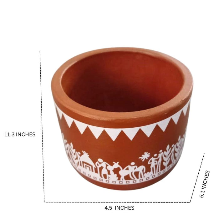 Wonderland Traditional Indian Terracotta Clay Planter/Pot with White Folk Art Design | Rustic Earthenware Indoor/Outdoor Gamla for Succulents & Herbs
