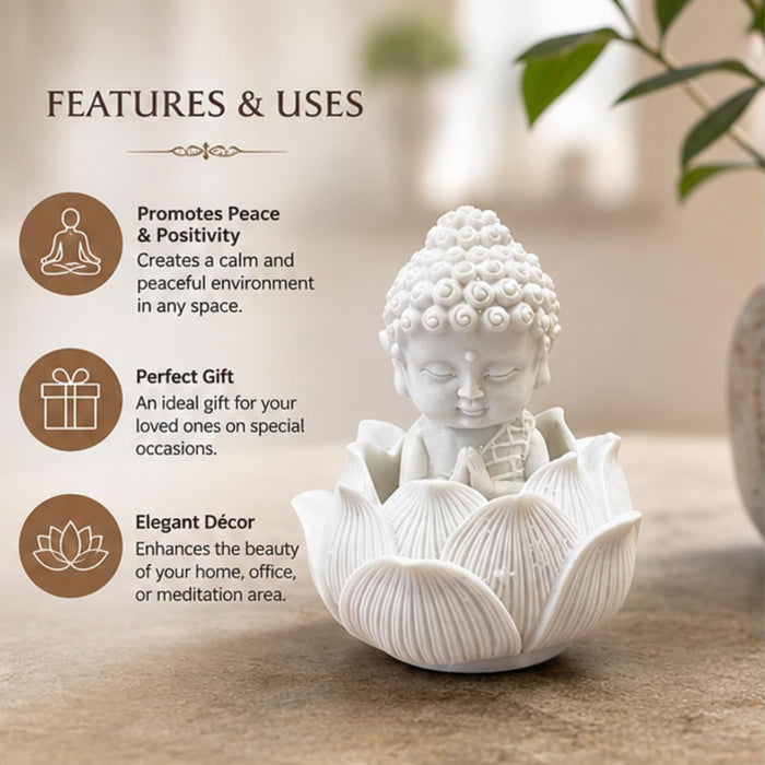 Handcrafted White Resin Monk on Lotus | Spiritual Peace & Meditation Gift