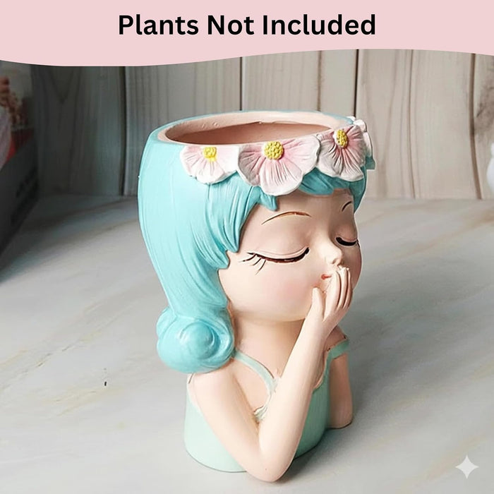 Whimsical 4.3 Inch Girl Succulent Planters – Set of 2 Hand-Painted Resin Face Pots with Flower Crowns for Indoor Home & Office Decor- Plant Not Included