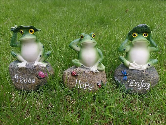Wonderland 3-Piece Zen Frog Garden Statues - Whimsical Resin Figurines Sitting on Stones Engraved with "Peace," "Enjoy," and "Hope" - Outdoor/Indoor Decor Set