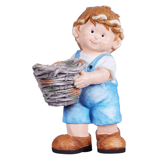 Miniature boy gardener figurine in blue overalls holding a woven basket, decorative resin statue for indoor plants and fairy gardens.