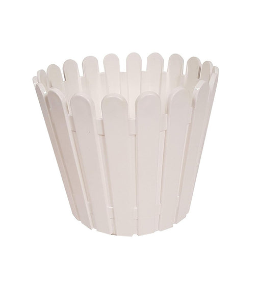 A solid white plastic flower pot designed with a vertical picket fence texture and a tapered round shape, isolated against a clean white background.