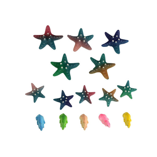 A top-down view of ten gradient-colored toy starfish with white dots and five small, solid-colored animal figurines in blue, green, peach, pink, and yellow, all arranged on a white background