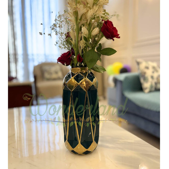 Ceramic Vase with Golden Geometric Design 