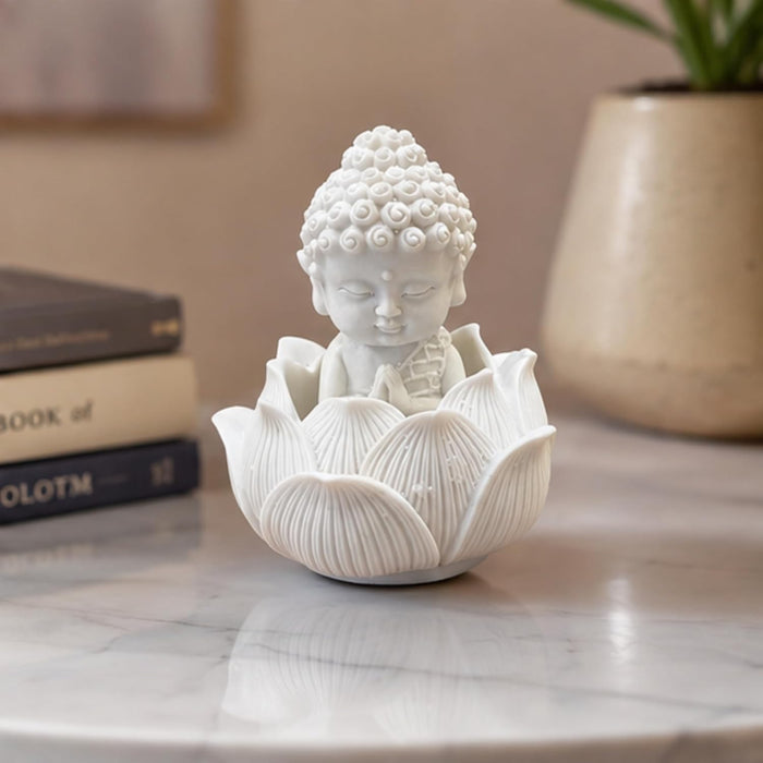 Handcrafted White Resin Monk on Lotus | Spiritual Peace & Meditation Gift