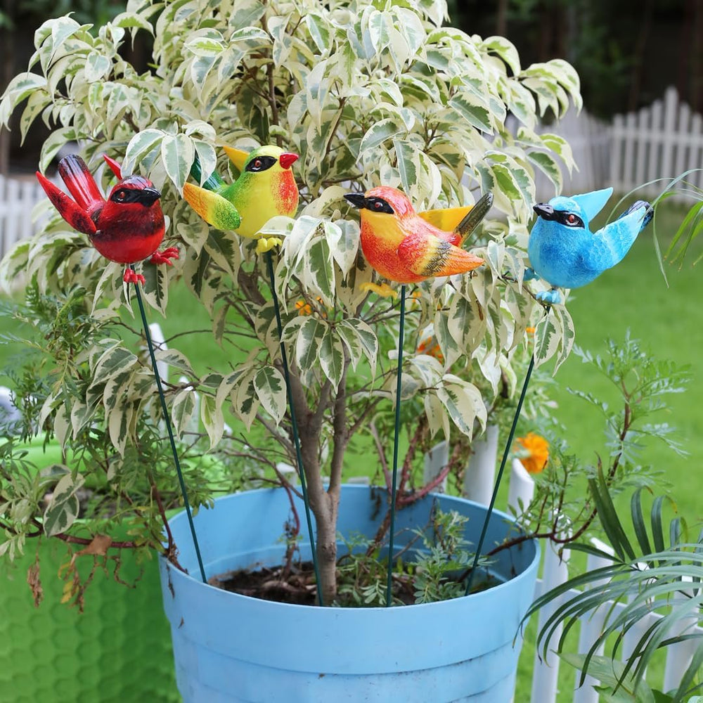 Colorful Resin Bird Plant Stakes (Set of 4) – Standard Size Decorative Garden Ornaments for Planters & Flower Beds
