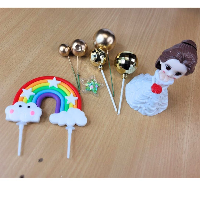 Wonderland Little Princess Doll Cake Topper Set with Gold Balloons, Rainbow & 'PARTY' Banner - Perfect for Girls Birthday, Baby Shower, Wedding & Theme Party Decoration Supplies