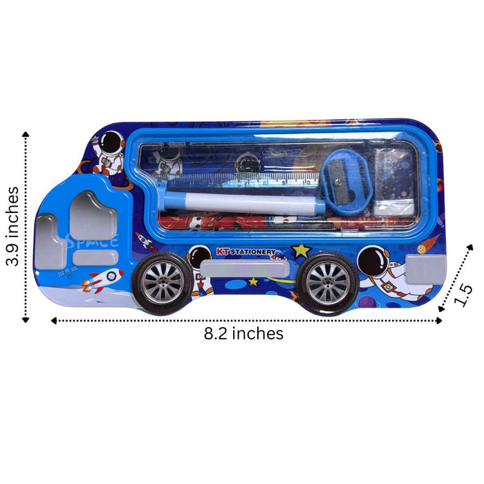 Kids’ Bus-Shaped Metal Pencil Box Stationery Set – Includes Pencil, Sharpener, Eraser, Ruler and 1 sketchpen 8x4x1.5inch