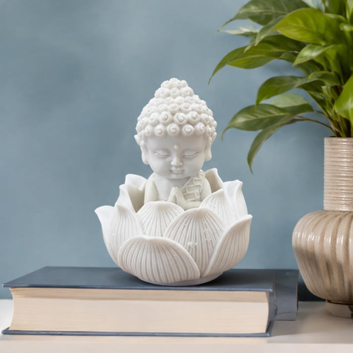 Handcrafted White Resin Monk on Lotus | Spiritual Peace & Meditation Gift