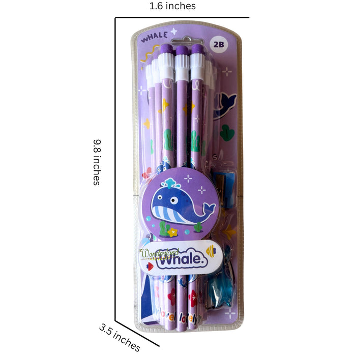 Wonderland 2B Pencil set -Pack of 12  with top erasers , 1 grip and 1 sharpner | Writing pencils for school and return gifts|Whale Design