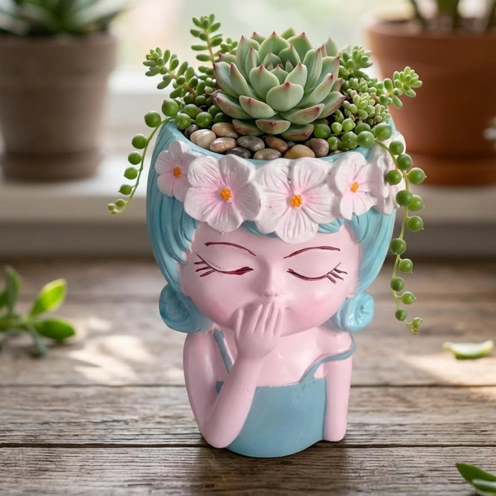 Wonderland Whimsical 6 Inch Girl" Resin Planter – Decorative Flower Crown Head Pot for Indoor Plants, Cute Hand-Painted Face Vase for Home & Office Décor- 3.5x2.5x6 inch(Plant Not Included)