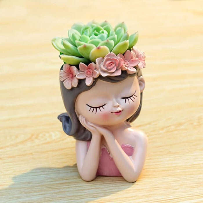4 Inch Dream Girl Succulent Planter – Decorative Resin Head Pot for Indoor Plants, Cute Female Face Vase with Flower Crown for Home & Office Decor- Plant Not Included