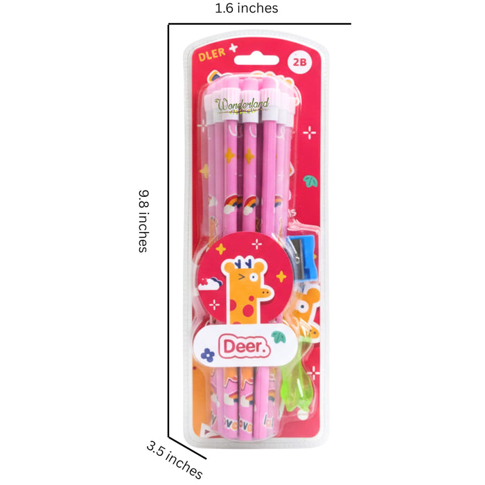 Wonderland 2B Pencil set -Pack of 12  with top erasers , 1 grip and 1 sharpner | Writing pencils for school and return gifts| Deer Design
