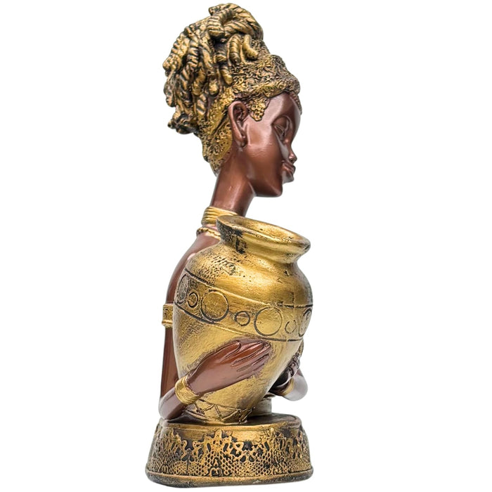 Wonderland Elegant Heritage Woman Figurine – Handcrafted Decorative Statue with Ornate Jar – Antique Bronze & Metallic Golden Accents for Home Styling