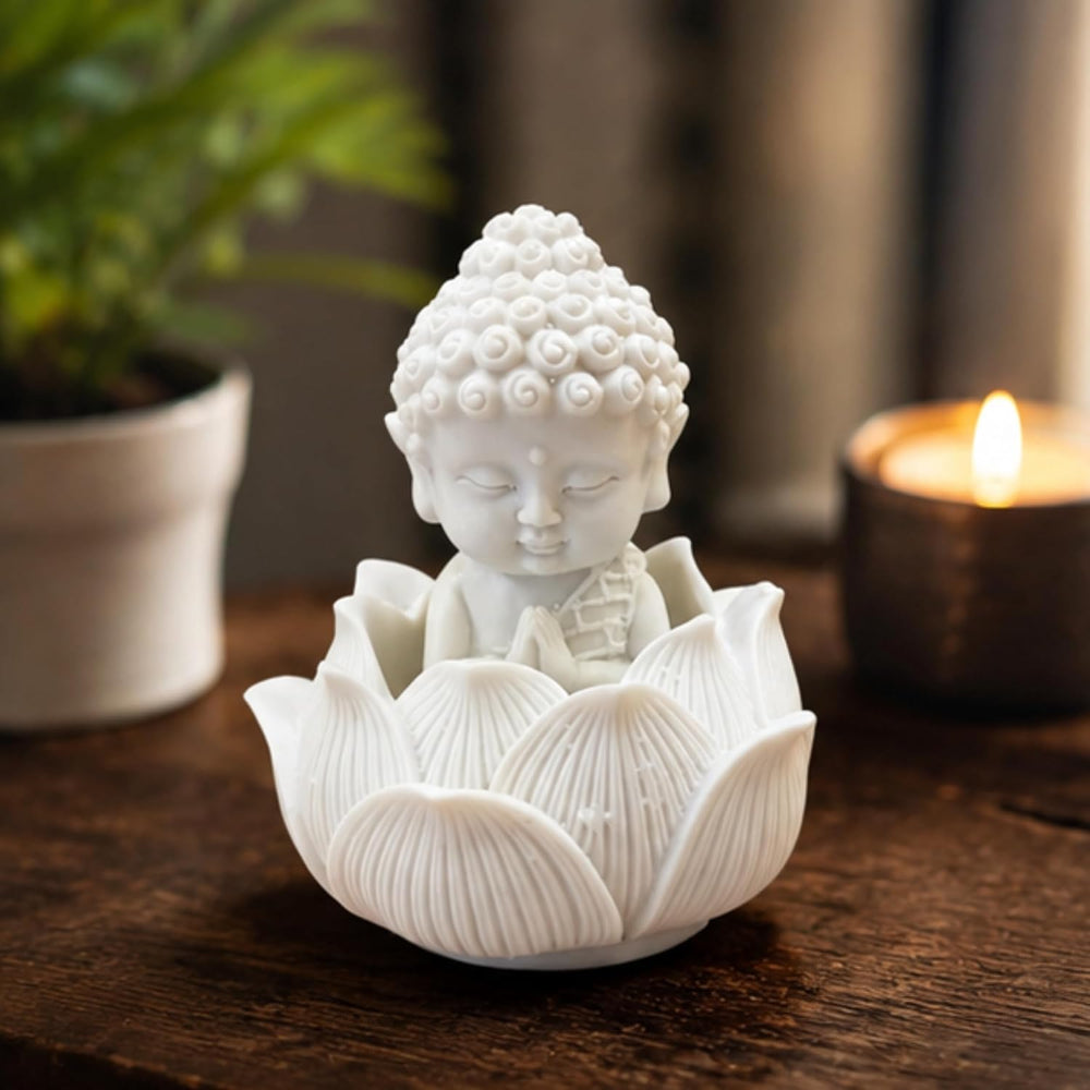 Handcrafted White Resin Monk on Lotus | Spiritual Peace & Meditation Gift