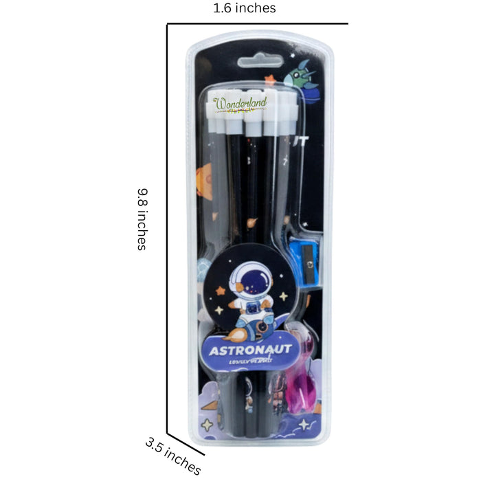 Wonderland 2B Pencil set -Pack of 12  with top erasers , 1 grip and 1 sharpner | Writing pencils for school and return gifts(Astronaut Black)