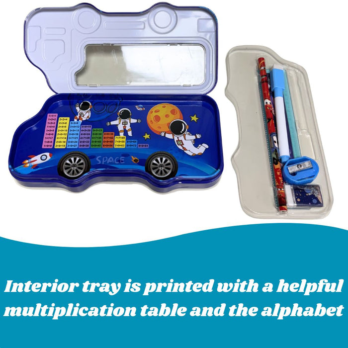 Kids’ Bus-Shaped Metal Pencil Box Stationery Set – Includes Pencil, Sharpener, Eraser, Ruler and 1 sketchpen 8x4x1.5inch
