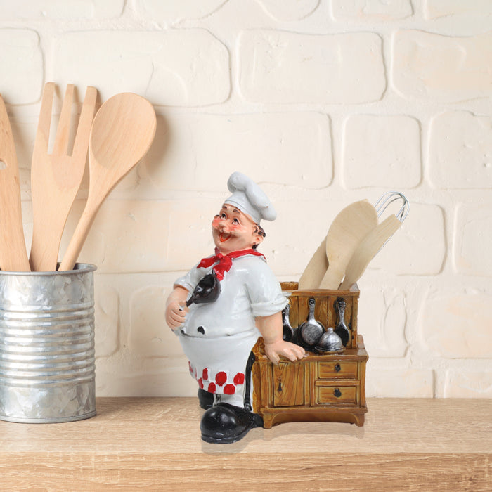 Wonderland Chef with Pan and Fork Holder Ornaments Home Decor Kitchen Resin Crafts Chef Statue for Kitchen Decoration
