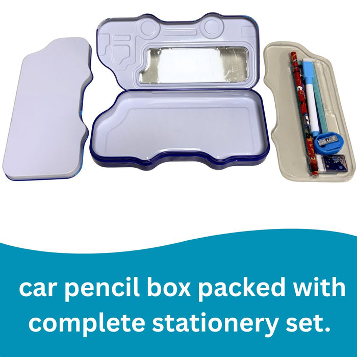 Kids’ Bus-Shaped Metal Pencil Box Stationery Set – Includes Pencil, Sharpener, Eraser, Ruler and 1 sketchpen 8x4x1.5inch