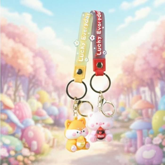 Wonderland Kawaii style ( set of 2) Animal Character Keychains – Cat & Pig Set Keyrings for Bags & Keys