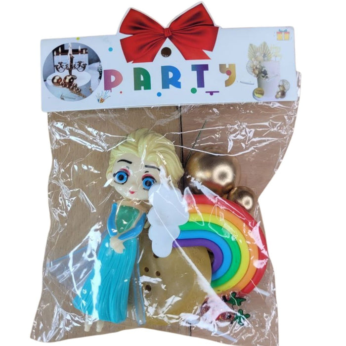 Wonderland Princess Elsa Cake Topper Set with Rainbow, Gold Balloon Ornaments, and Party Decorations - Perfect for Kids' Birthday, Baby Shower, and Theme Parties