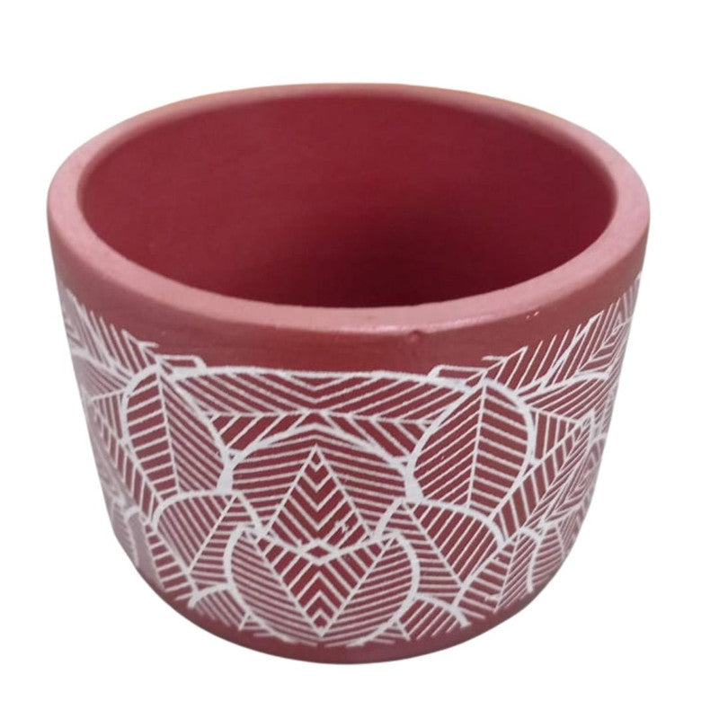 Terracotta Colour Ceramic Planter/Pot with White Leaf Design for Indoor/Outdoor Decor - Small/Medium