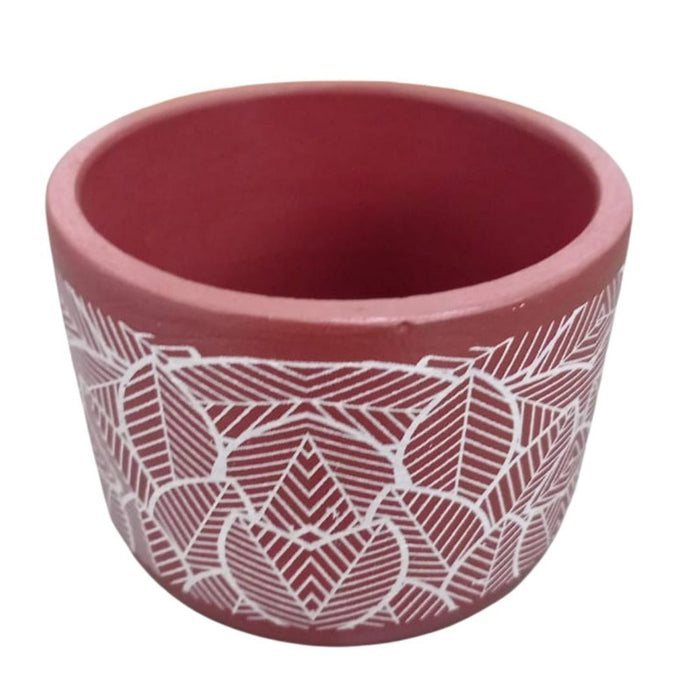 Terracotta ceramic planter white leaf design, Indoor outdoor flower pot, Decorative ceramic gamla (Indian English for pot), Small table top succulent pot, Earthen colour home decor planter