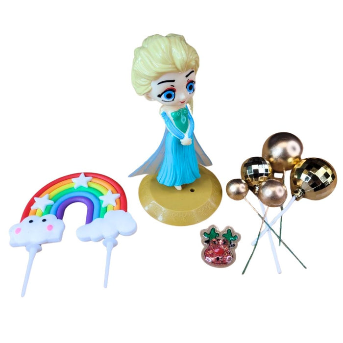 Wonderland Princess Elsa Cake Topper Set with Rainbow, Gold Balloon Ornaments, and Party Decorations - Perfect for Kids' Birthday, Baby Shower, and Theme Parties