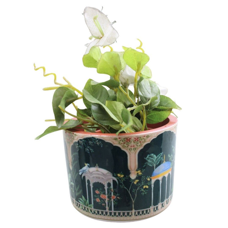 Indian Hand-Painted Ceramic Planter/Vase | Mughal Jharokha Design with Peacock & Garden Scene