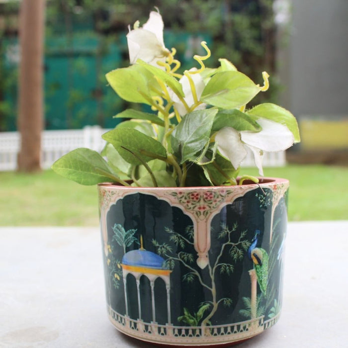 Wonderland Indian Hand-Painted Ceramic Planter/Vase | Mughal Jharokha Design with Peacock & Garden Scene