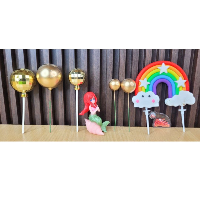 Wonderland Mermaid & Rainbow Cake Topper Set with Gold Disco Balls