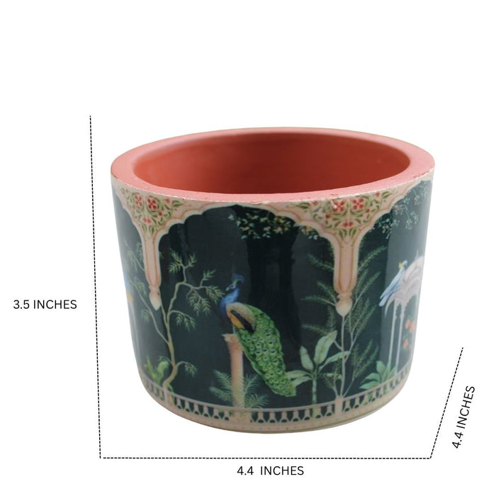 Wonderland Indian Hand-Painted Ceramic Planter/Vase | Mughal Jharokha Design with Peacock & Garden Scene
