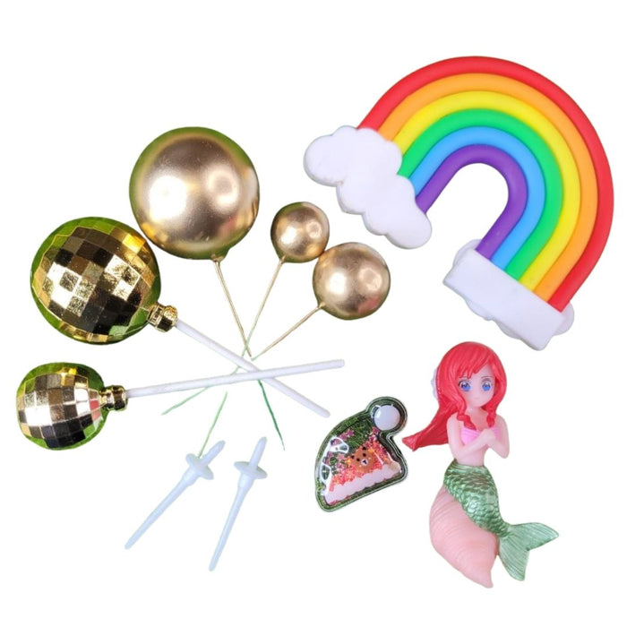 Wonderland Mermaid & Rainbow Cake Topper Set with Gold Disco Balls