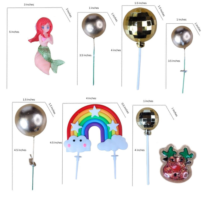 Wonderland Mermaid & Rainbow Cake Topper Set with Gold Disco Balls