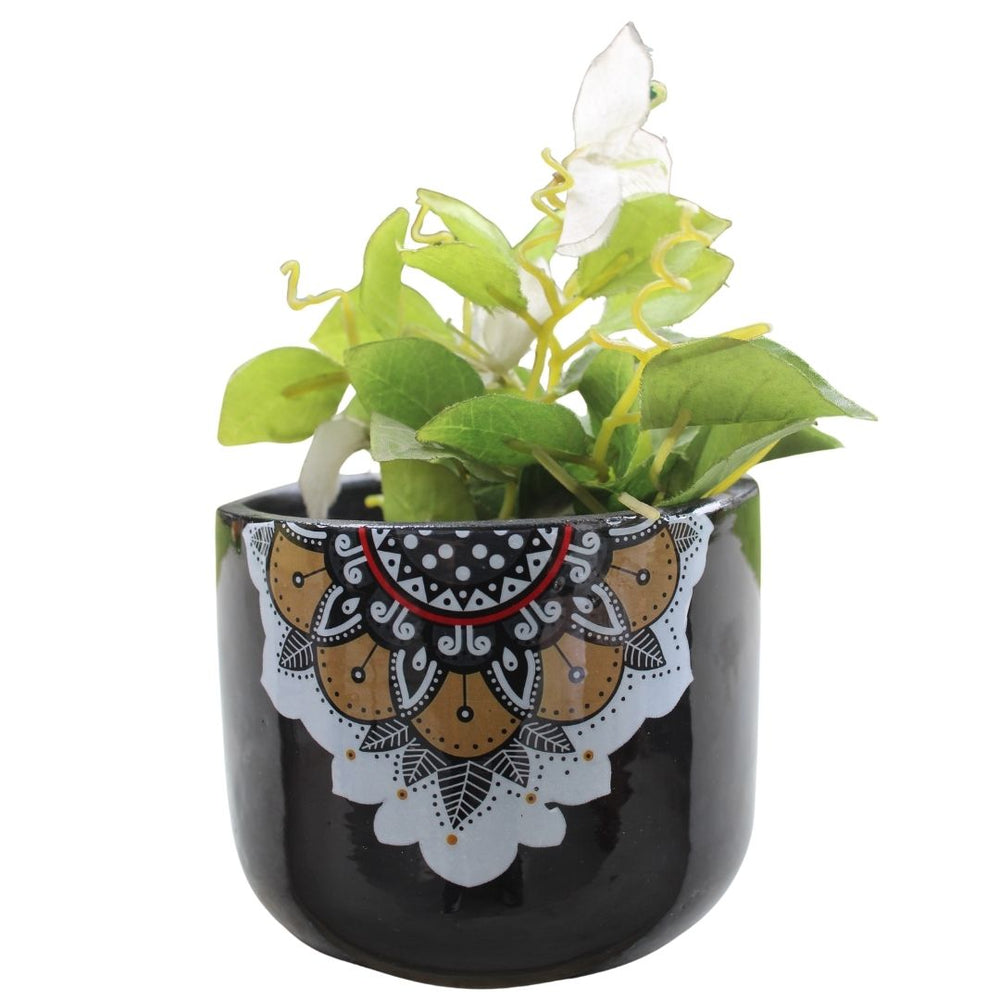 Black Ceramic Planter/Pot with Mandala Art Design - Decorative Hand-Painted