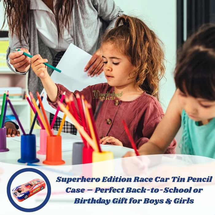 Wonderland Premium Car-Shaped Metal Pencil Box for Kids – Multi-Layer Stationery Organizer with Moving Wheels Orange Colour- 8x3.3x2inch