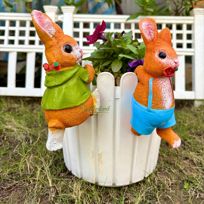 Wonderland Whimsical Climbing Bunny Garden Pot Hangers - Set of 2 Hand-Painted Resin Rabbit Ornaments for Planters and Flower Pots