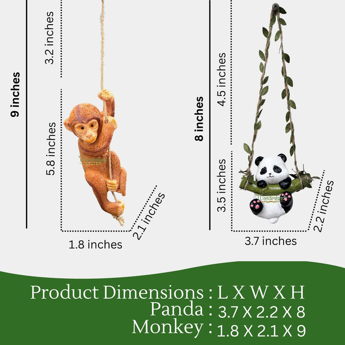 Hanging Garden Statue Set – Panda on Swing & Hanging Monkey Figurines – 2-Piece Whimsical Animal Decor with Leafy Vine Ropes for Outdoor Trees, Patio, or Nursery