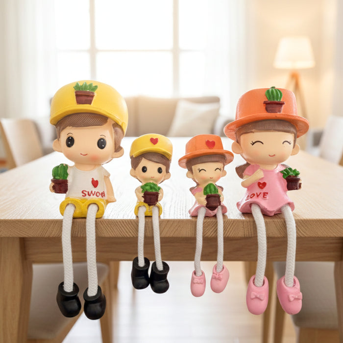 Wonderland Family of 4 Shelf Hanging Doll Figurines - Cute Resin Family Statue|Hand-Painted Home Decor for Living Room, Bookshelf, Mantel - Bench is not included