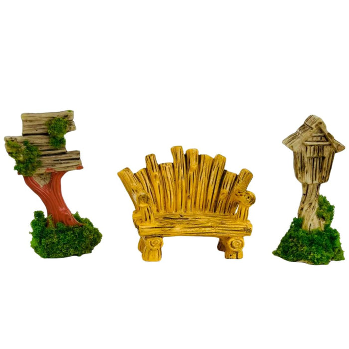 Wonderland set of 4 Miniature Fairy Garden Accessories Kit | Whimsical Wood-Look Resin Figurines (4 Pcs)